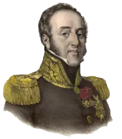 Portrait shows a haughty looking, clean-shaven man with long sideburns and a receding hairline. He wears a dark military uniform with gold epaulettes and a high collar trimmed with gold lace.