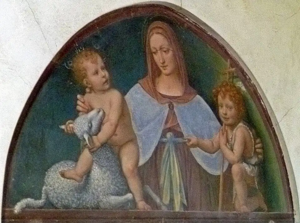 Arch painting depicting a woman, arms outstretched, with a child carrying a cross on the right and pointing to a child straddling a lamb on the left.