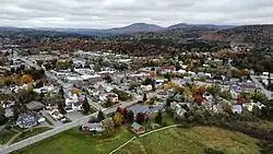 View of Lyndonville, VT, with Burke Mountain in the background