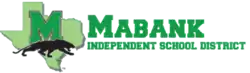 Light green outline of a Texas underneath a bright green "M" and a black panther with text reading "Mabank Independent School District"
