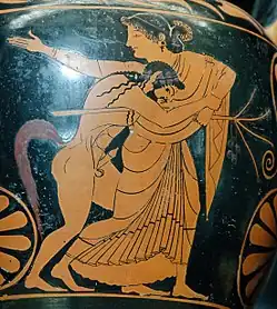 Detail of a red-figure amphora depicting a satyr assaulting a maenad, by Pamphaios (potter) and Oltos (painter), c. 520 BC, Louvre