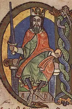 Coloured illumination of a seated mediaeval king