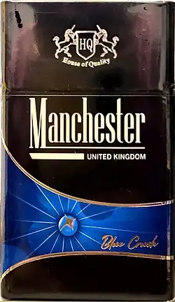 A red packet of cigarettes with the word Manchester written on it