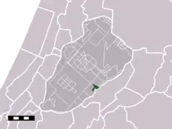 The town centre (darkgreen) and the statistical district (lightgreen) of Rijsenhout in the municipality of Haarlemmermeer.