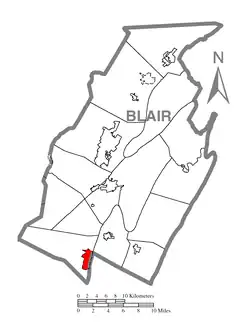 Claysburg (depicted in red) in Blair County
