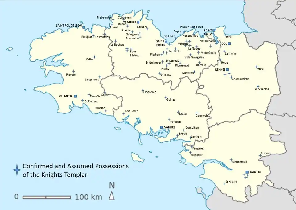 Map of Confirmed and Assumed Possessions of the Knights Templar in Brittany