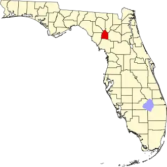 A state map highlighting Gilchrist County in the corner part of the state. It is small in size.