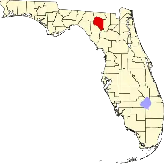A state map highlighting Suwannee County in the corner part of the state. It is medium in size.