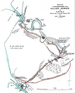 map of military operations detailing the area of Tanggu and Beitang and the advance path of allied forces