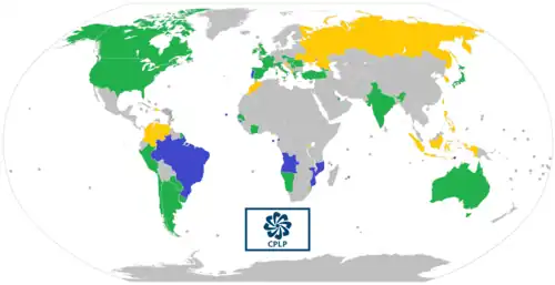 Map of the Community of Portuguese Language Countries; member states (blue), associate observers (green), and officially-interested countries & territories (gold)