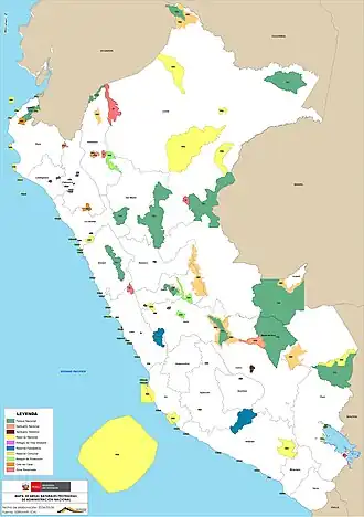 Largest national protected areas cluster in Peru's eastern and southeastern Amazon, with a large offshore Pacific reserve and transboundary areas on the borders with Brazil and Colombia