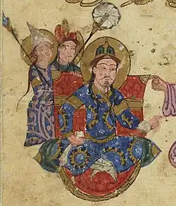 Maqama 43: the Sheikh of Diyar Bakr in Turkic dress, wearing the sharbūsh with tall cap.[13] Maqamat 43, Arabe 3929, 157r.[31]