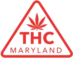 A red symbol with a cannabis leaf above the letters "THC" and "Maryland" in a rounded triangle outline