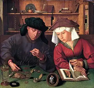 The Money Changer and His Wife; by Quentin Massys; 1514; oil on panel; 70.5 × 67&nbsp;cm