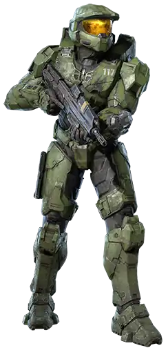 A render of the article subject, a soldier encased in a black undersuit, with worn greenish metal armor worn over it. He carries a long, black weapon in his right hand, and wears a helmet with a golden, reflective visor.