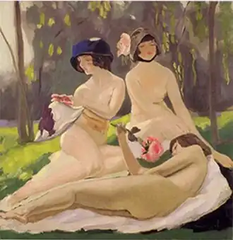 "Les Coquettes" by the artist Jacquline Marval. Image of three nude women, two wearing hats, laying on a pink blanket with trees behind them.
