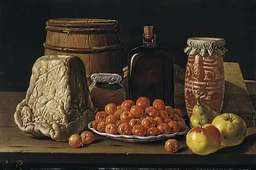 Cheese, barrel, glass bottle, fruits in decorative plate, storage jars and boxes. Still Life with Fruit and Cheese by Luis Egidio Meléndez; 1771, 41 × 62&nbsp;cm, Prado Museum.