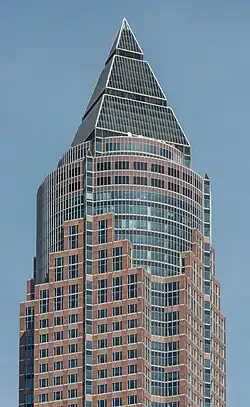 Messeturm in Frankfurt, Germany, by Helmut Jahn (1990), a Postmodern building that is reminiscent of Art Deco architecture[171]