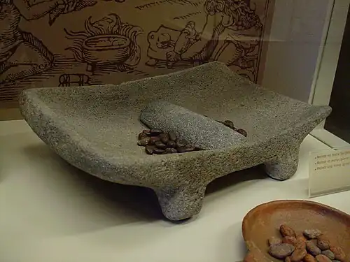 Metate and mano from the Mayan period. Chocolate Museum, Bruges.