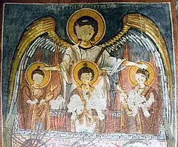 Fresco of the archangel Michael protecting Hananiah, Mishael, and Azariah in the fiery furnace