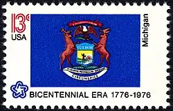 The Michigan state flag as depicted in the 1976 bicentennial postage stamp series