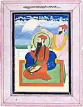 Guru Arjan seated on a terrace holding a flower, with an attendant holding a flywhisk, by Lal Singh Musavvir