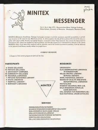 Minitex Messenger, Volume 1, Number 1, May 1974, with diagram of Minitex services and programs