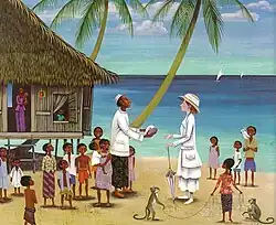 This illustration shows Miss Rumphius on her first journey abroad, meeting the king of an Indonesian fishing village. They are standing outside his beachfront home that stands on stilts for when the high tide comes inland. He is surrounded by many children, some of whom have pet cockatoos or monkey in tow.