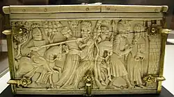 Paris: a different scene at left, as a knight rescues a lady from a woodwose, and the same Galahad scene at right