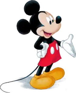 A smiling cartoon mouse with round ears, red shorts with white buttons, white gloves, and yellow shoes
