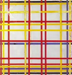 Vertical and horizontal strips in blue, red, yellow and black on a white background. The horizontal strips are closer on the bottom.