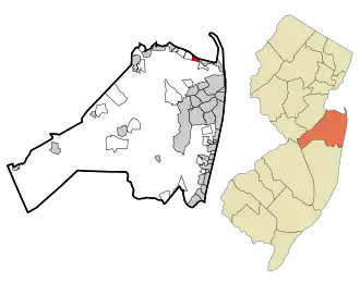 Location of Leonardo in Monmouth County highlighted in red (left). Inset map: Location of Monmouth County in New Jersey highlighted in orange (right).