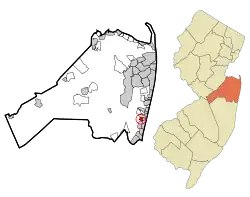 Map of West Belmar highlighted within Monmouth County. Right: Location of Monmouth County in New Jersey.