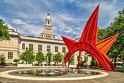 Burr Mall, facing the stegosaurus sculpture, and a building of the Wadsworth Atheneum