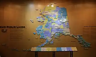 Most of Alaska’s land is in public ownership. Map of Alaska on display at the Southeast Alaska Discovery Center, Ketchikan, Alaska
