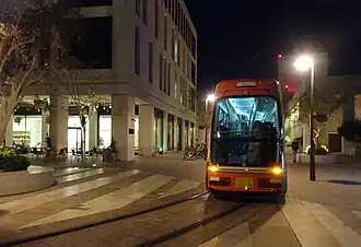 Msheireb Tram at night in Msheireb Downtown.