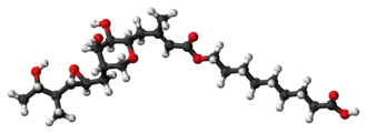 Ball-and-stick model of the pseudomonic acid A molecule, the principal component of mupirocin