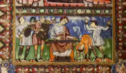 Circa 1029-1050 A.D., Germany. Musicians with bowed lyre, psaltery, monchord, and dancers, from the Psalterium cum Canticis ('Werdener Psalter') Berlin, Staatsbibliothek zu Berlin – Preußischer Kulturbesitz, Ms. theol. lat. fol. 561.