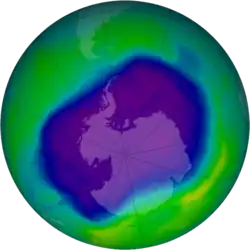 Image of the ozone hole spanning almost all of Antarctica