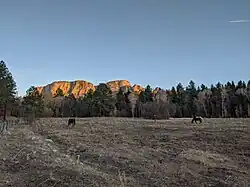 NM Highway 65 passing through El Porvenir, New Mexico. Hermit Peak is visible in the distance.