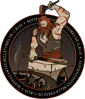 Mission "patch" of NROL-55: a weapon smith (Hephaestus) is forging a sword. "SUSTENTANTES BELLATORES DE CÆLIS" means something like "In sustained support for the warriors, from the sky/or heaven"