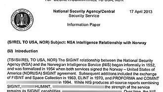 NSA's relationship with Norway's NIS (April 2013)
