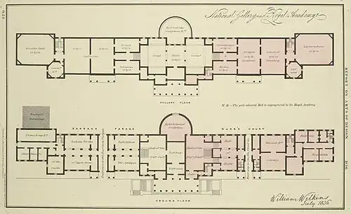 The piano nobile and ground floor of Wilkins's building, before expansion. Note the passageways behind the east and west porticoes. Areas shaded in pink were used by the Royal Academy until 1868.