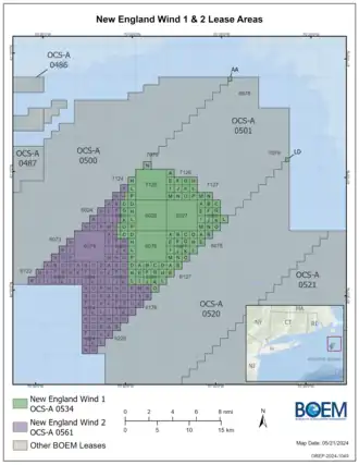 Map showcasing the area of Offshore Wind Project New England 1 & 2