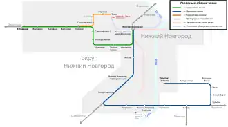 Orange line is Sormovskaya; blue line is Priokskaya; grey lines is not included in the Urban Electric Train; light-red line is Line 1 of metro; light-blue line is Line 2 of metro