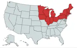Historically, especially in the time the American Civil War the states in red were known as "the North"; settlement expansion to the per left) extended the Northern United States all along the Canada–United States border.