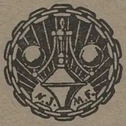 Black and white symbol of a circle surrounded by chains with "N.J.M.F" engraved.