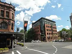 This is a photograph of a university building on the Darlinghurst site in the corner of Oxford and Victoria Street.