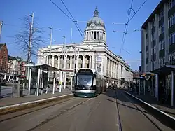 The tram stop looking east, with the Council House in the background