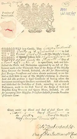 A legal document specifying the naturalisation of George Frederick Bailly, signed by Zouberbuhler.
